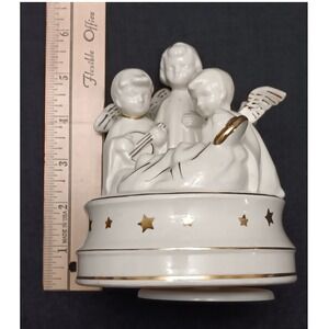 Vintage Schmid Japan Musical Rotating Angels Nativity Figurine White Gold Trim